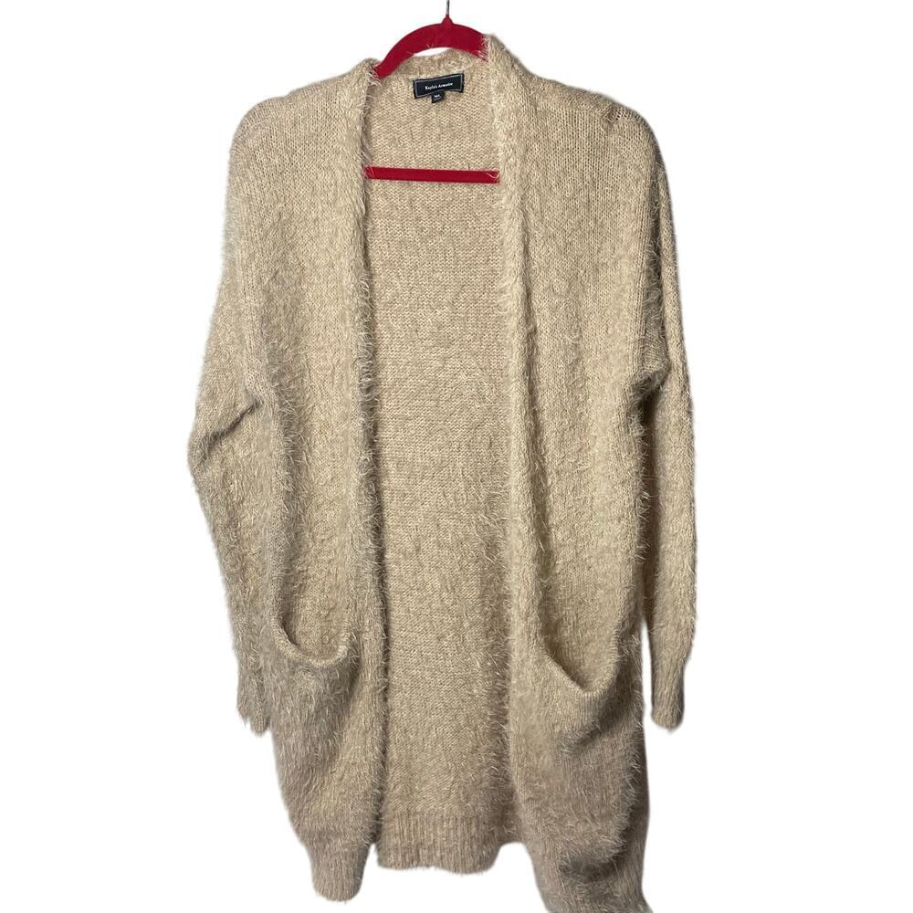 KAYLA ARMOIRE  Women's Soft, Open Front Midi Cardigan, 2 Pockets, M/L, Cream